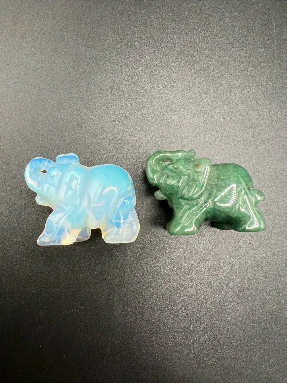 Lot of 2 Carved Stone Elephant Figurines Opalite & Green Aventurine Crystal 1.5”